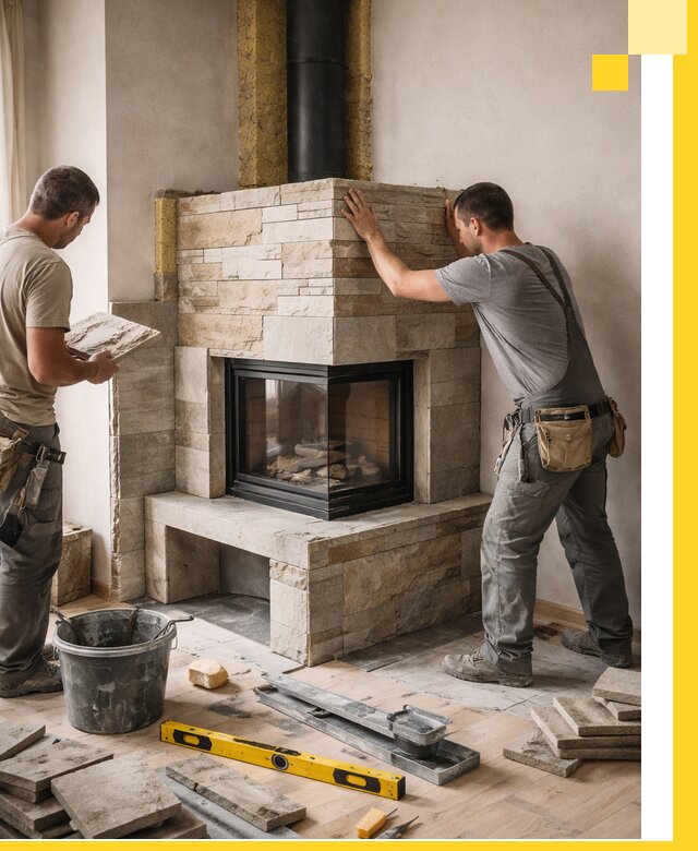 Угловые камины под ключ проект, монтаж и отделка в Мытищах