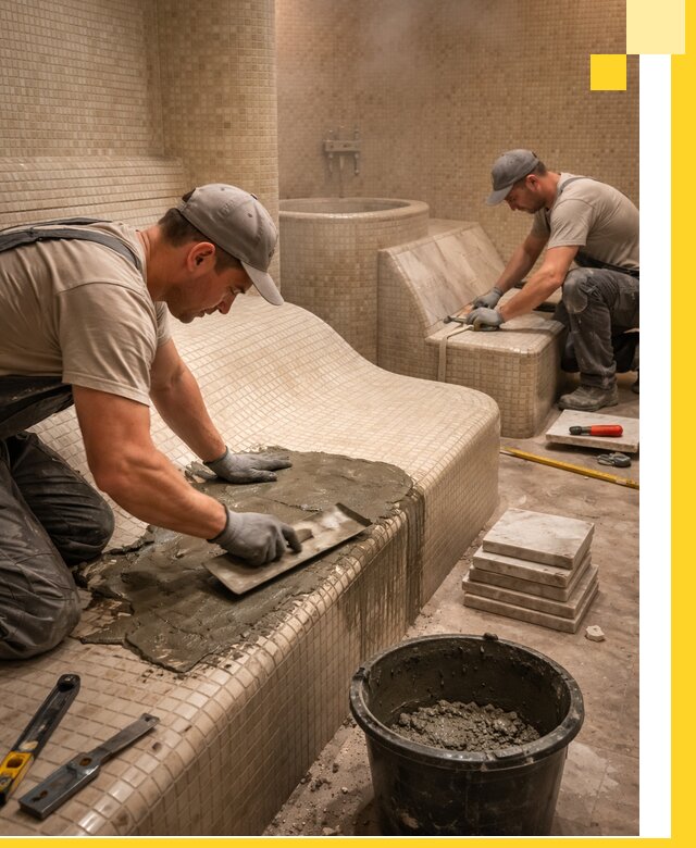 Лежаки для хамама под ключ в Мытищах, проект и монтаж